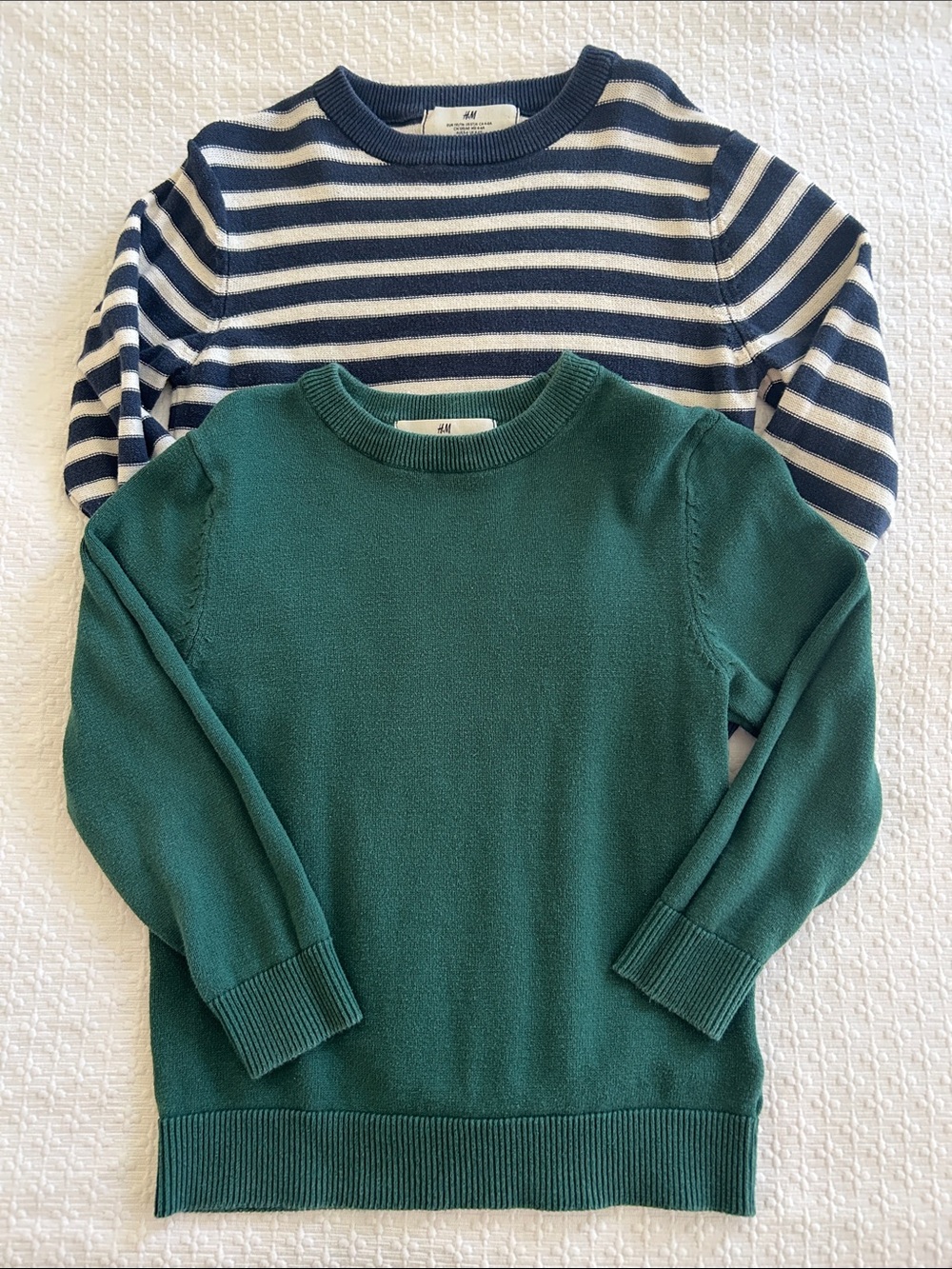 H&M Kids two-piece sweater set. Green Crewneck Sweater and Navy & White Striped